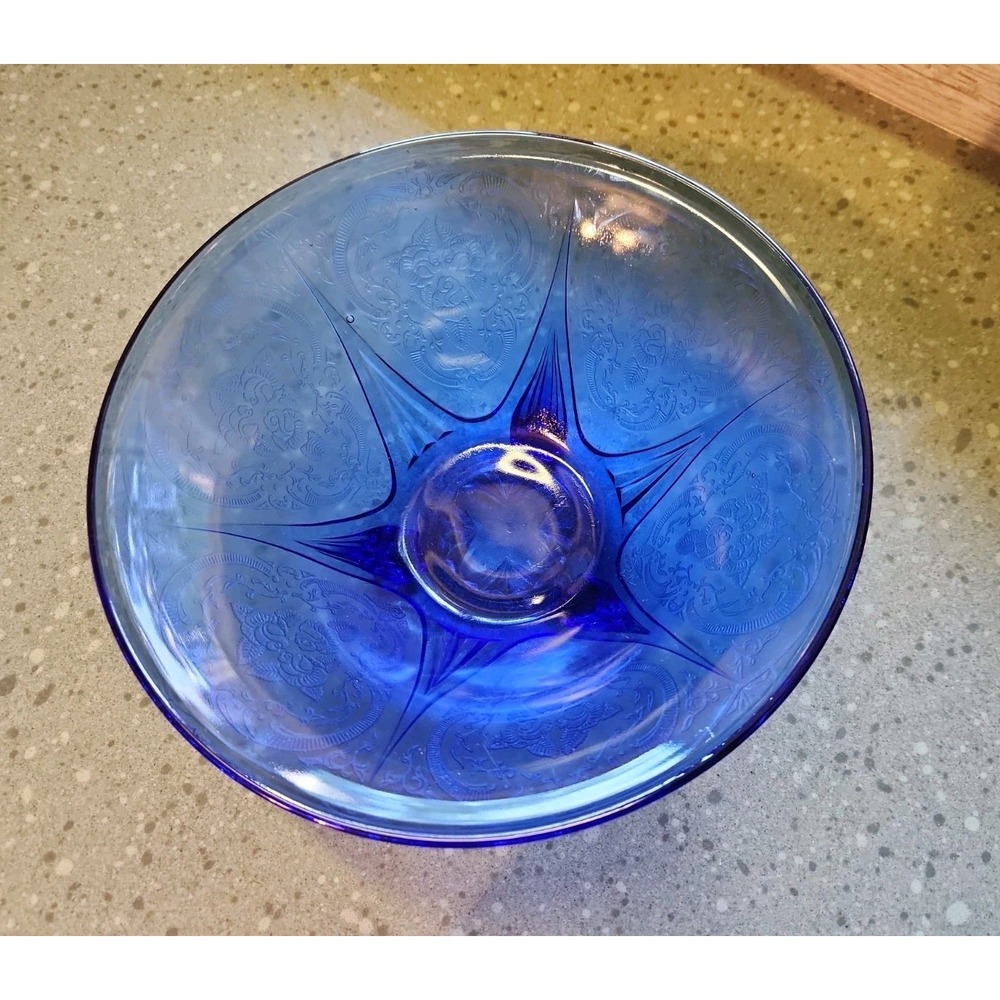 Hazel Atlas Cobalt Blue Royal Lace 10" Bowl Depression Glass, FOOTED, Vintage - Picture 3 of 9